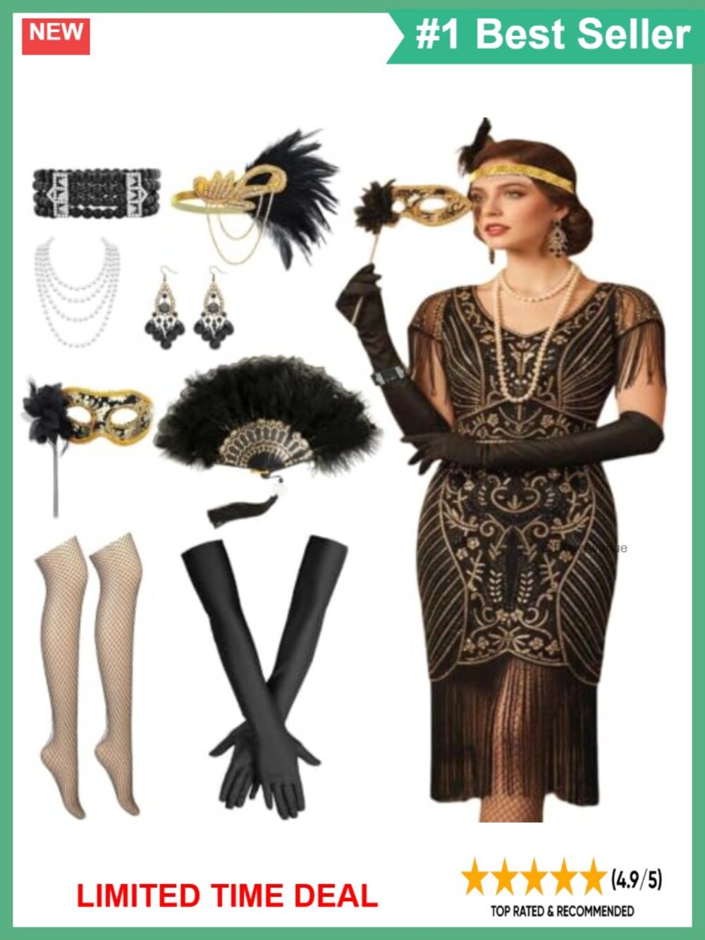 1920s Flapper Dress Set Sequin Fringe Gatsby Costume with Accessories